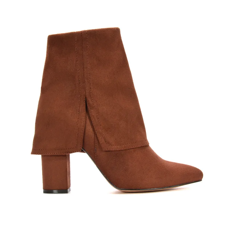 Ariana Block High Heel Fold Over Ankle Boots With Zip in Brown Faux Suede sold by XYlondon