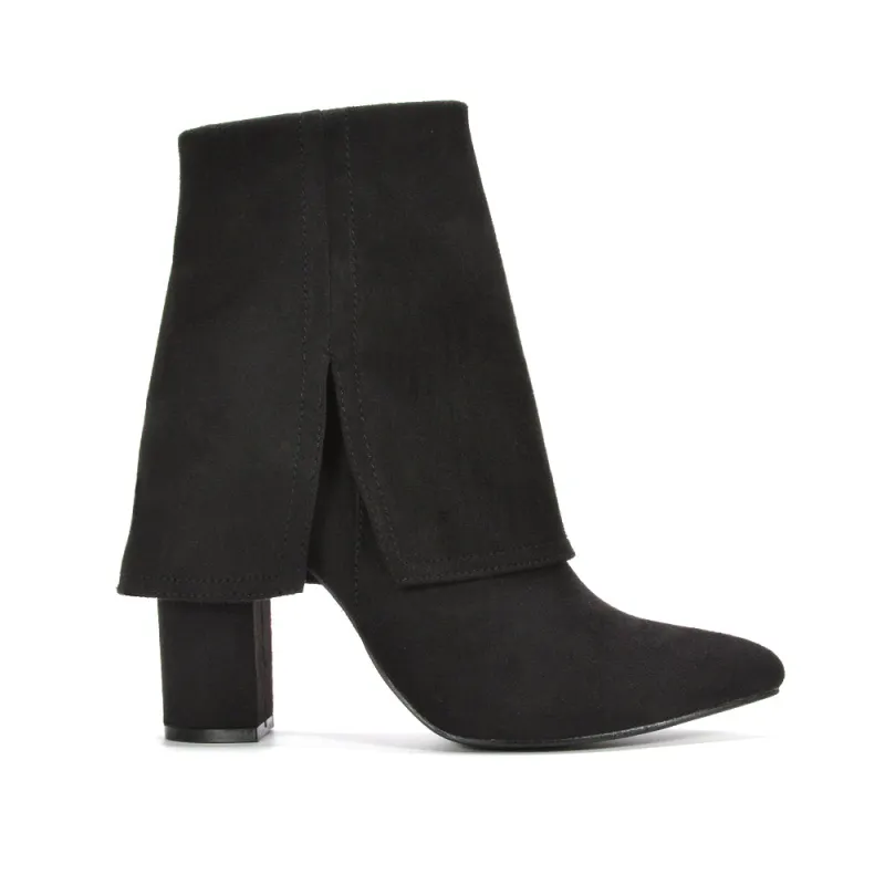 Ariana Block High Heel Fold Over Ankle Boots With Zip in Black Faux Suede sold by XYlondon
