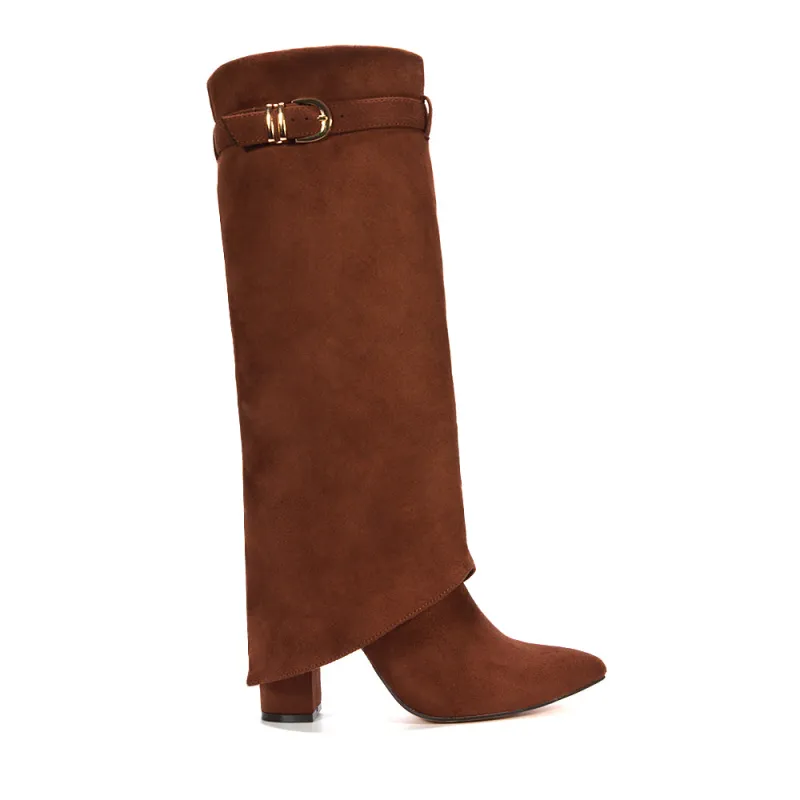 Nadine Fold Over Knee High Boots With Block High Heel in Brown Faux Suede sold by XYlondon
