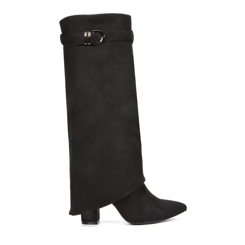 Nadine Fold Over Knee High Boots With Block High Heel in Black Faux Suede sold by XYlondon