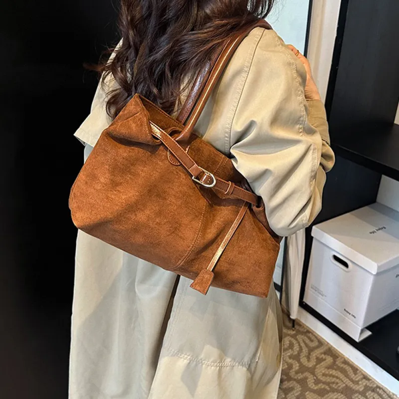 Leigh Faux Suede Large Tote Shopper Bag With Belt Detailing in Tan sold by XYlondon