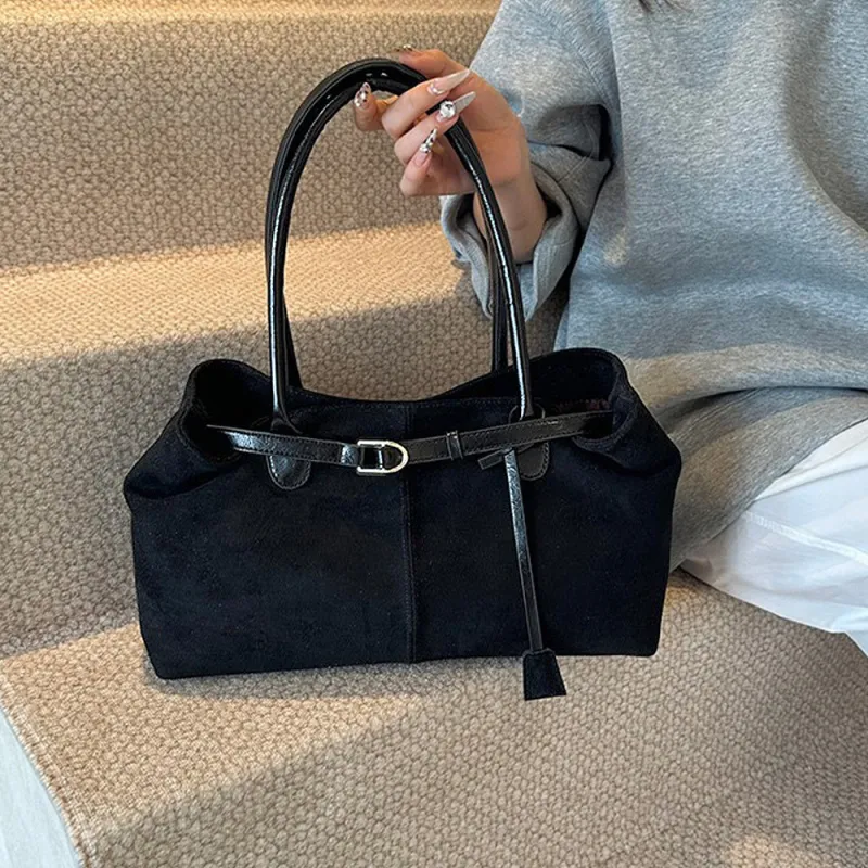 Leigh Faux Suede Large Tote Shopper Bag With Belt Detailing in Black sold by XYlondon