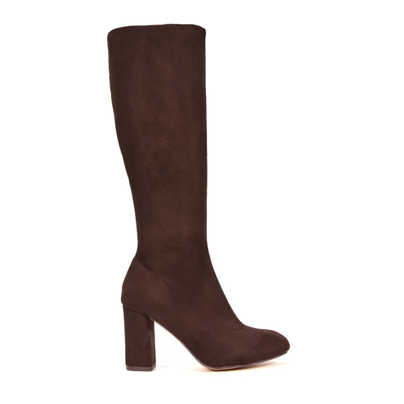 Justine Block Heeled Knee High Boots With Inside Zip in Brown Faux Suede sold by XYlondon