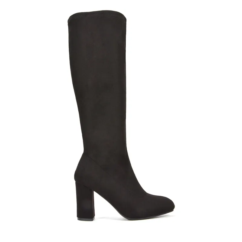 Justine Block Heeled Knee High Boots With Inside Zip in Black Faux Suede sold by XYlondon