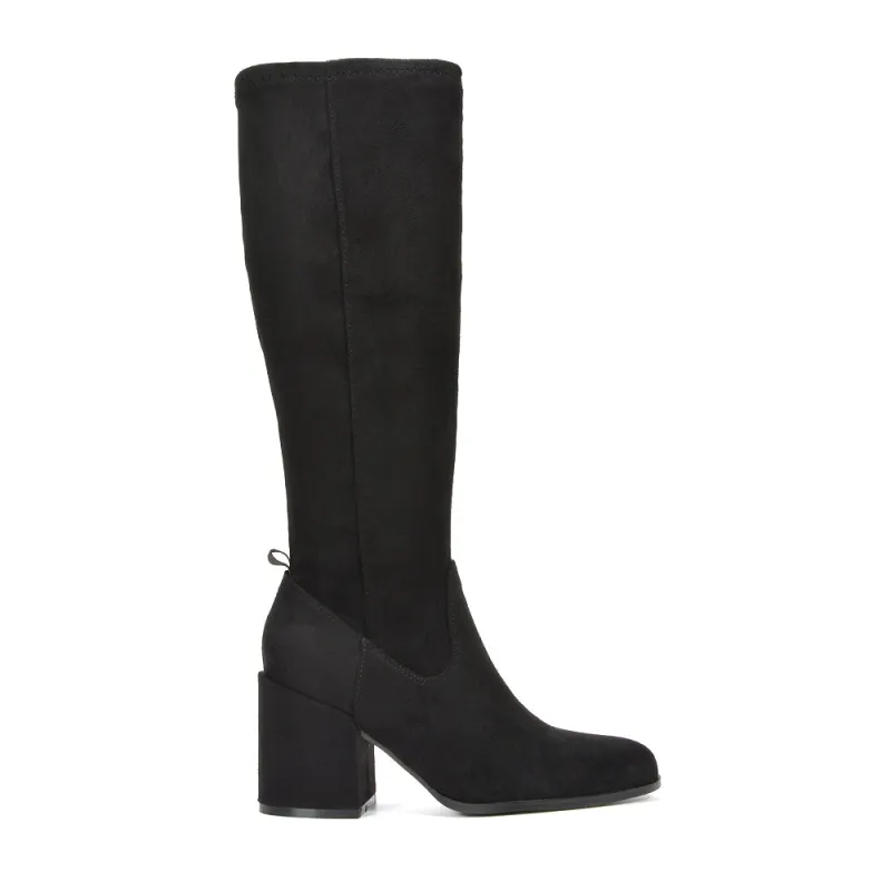 Harvie Knee High Block Mid Heel Stretchy Calf Boots in Black Faux Suede sold by XYlondon