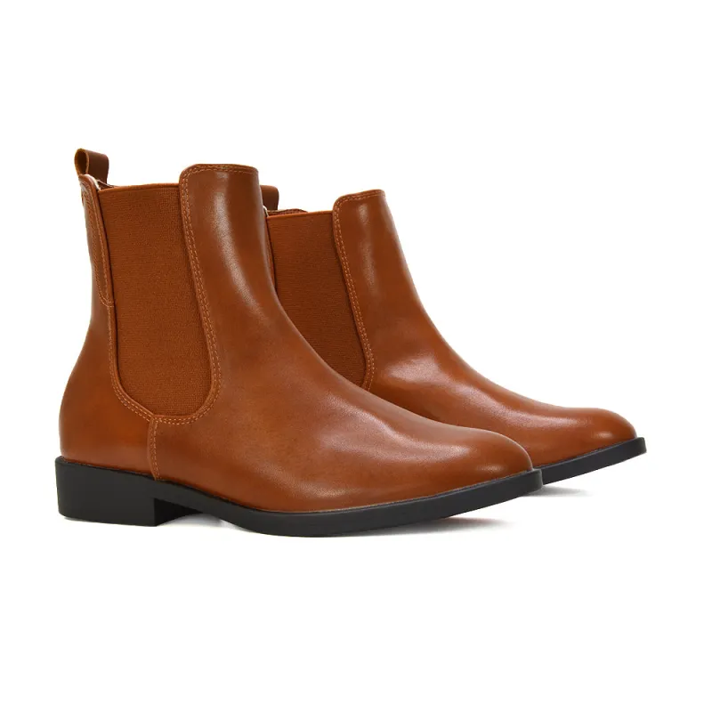 Hollie Women's Flat Chelsea Ankle Boots With Elasticated Gussets in Tan Synthetic Leather sold by XYlondon