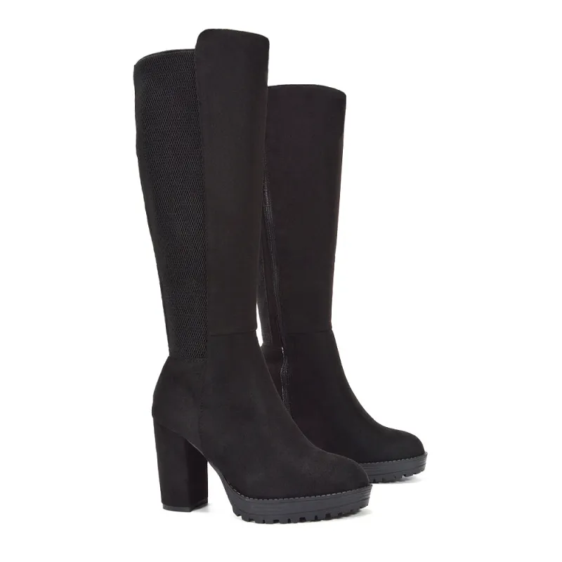 Lobby Knee High Boots Platform Block High Heel Elasticated Calf In Black Faux Suede sold by XYlondon