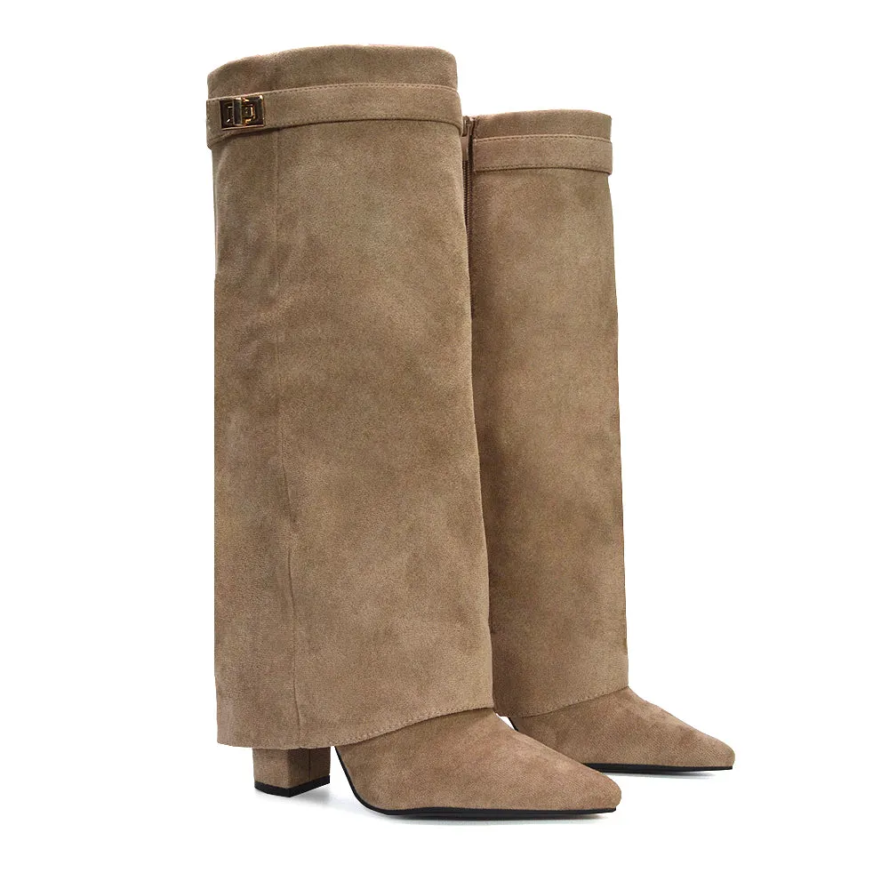 Rayna Pointed Toe Fold Over Knee High Boots With Block Heel in Taupe Faux Suede sold by XYlondon product image thumbnail 5