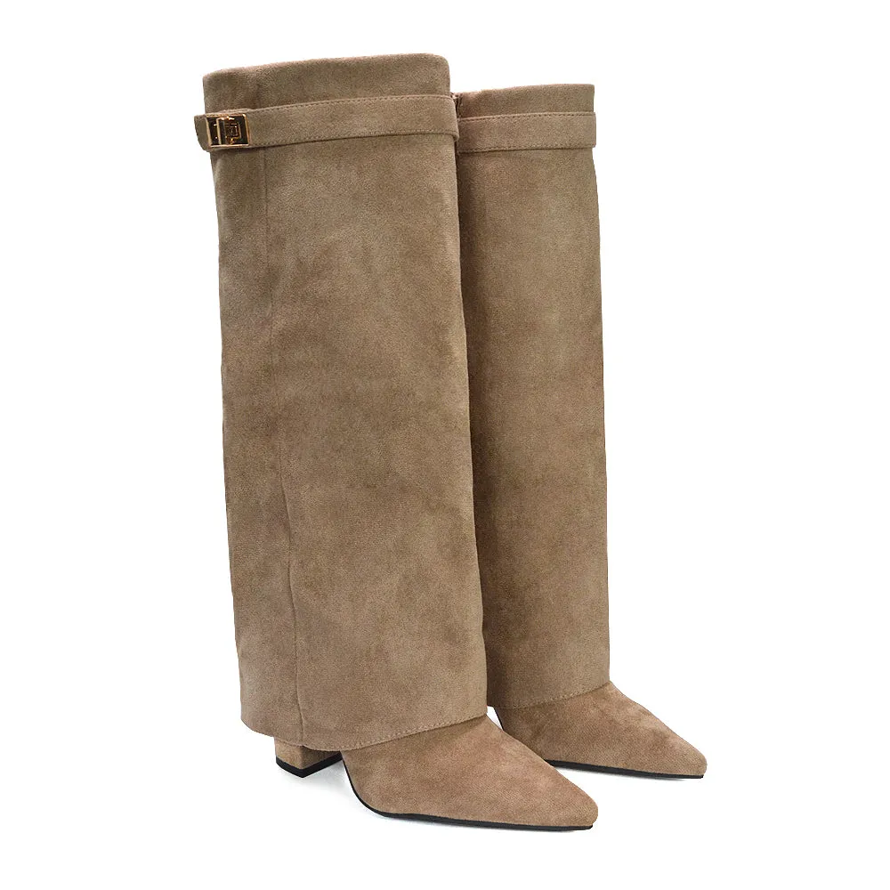 Rayna Pointed Toe Fold Over Knee High Boots With Block Heel in Taupe Faux Suede sold by XYlondon product image thumbnail 4