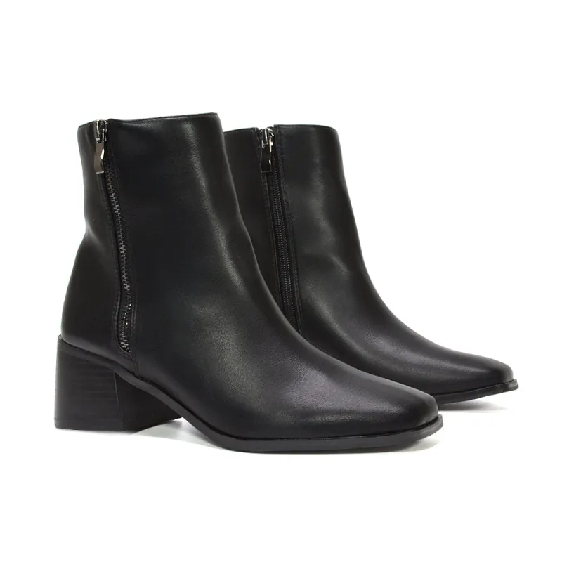 Dixie Black Synthetic Leather Block Heel Ankle Boots Square Toe Zip Detail sold by XYlondon