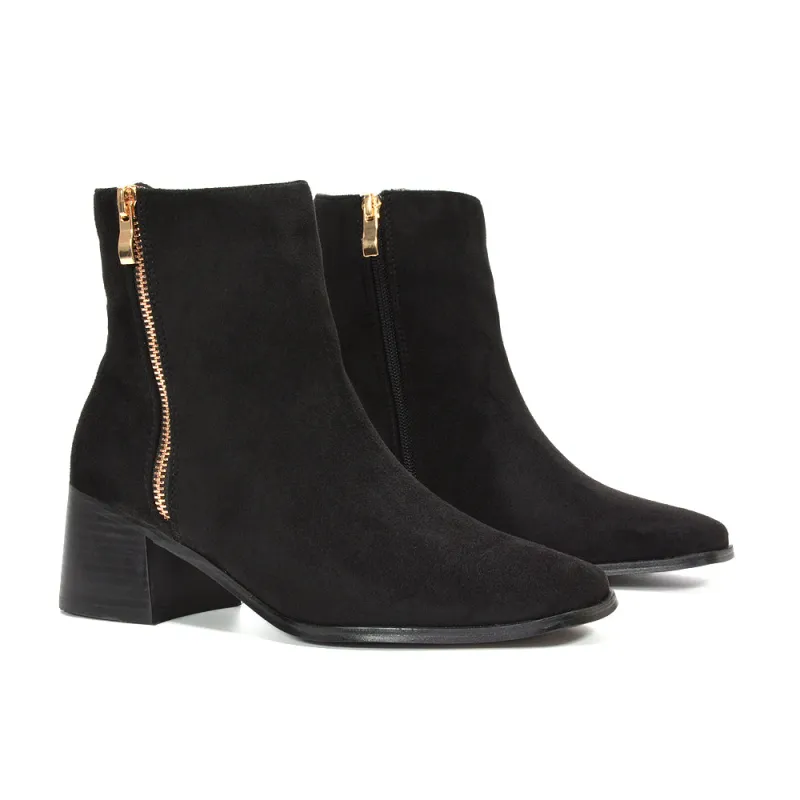 Dixie Black Faux Suede Block Heel Ankle Boots Square Toe Zip Detail sold by XYlondon