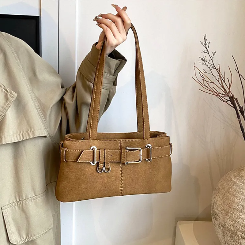 Blair Zip Up Faux Leather Shoulder Bag With Belt Detail Buckle in Tan sold by XYlondon