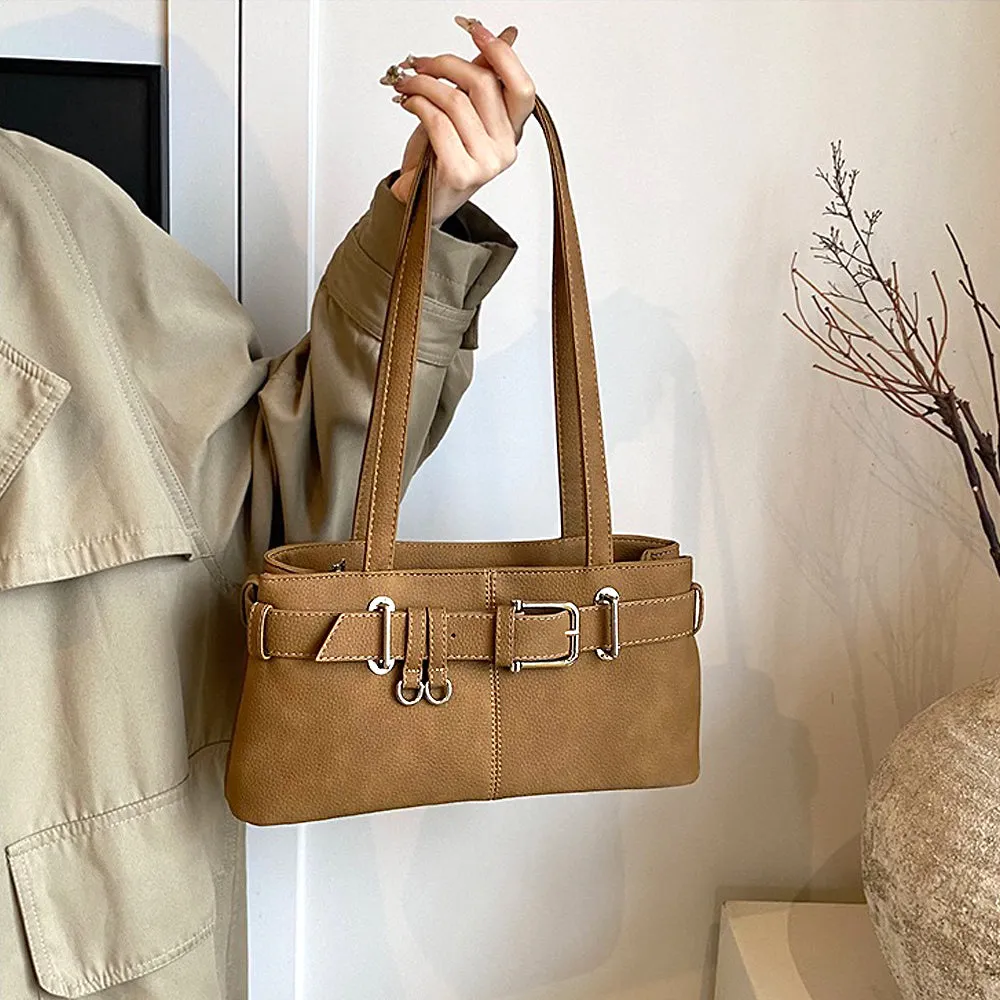 Blair Zip Up Faux Leather Shoulder Bag With Belt Detail Buckle in Tan sold by XYlondon