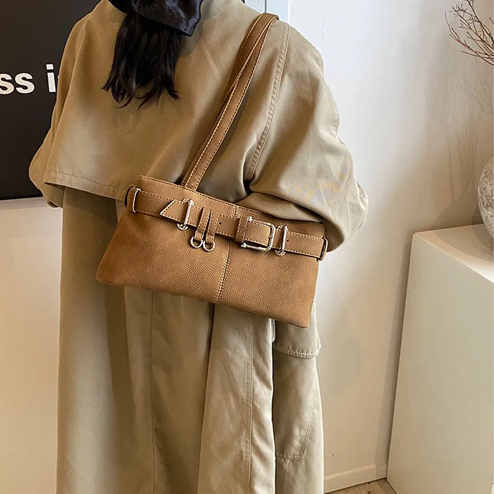 Blair Zip Up Faux Leather Shoulder Bag With Belt Detail Buckle in Tan sold by XYlondon product image thumbnail 4