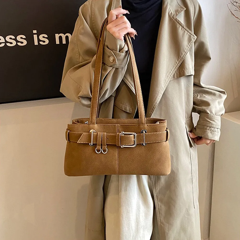 Blair Zip Up Faux Leather Shoulder Bag With Belt Detail Buckle in Tan sold by XYlondon product image thumbnail 2