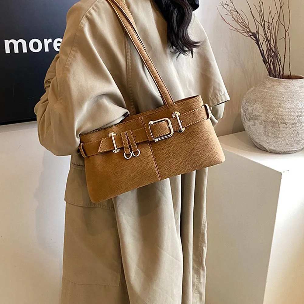 Blair Zip Up Faux Leather Shoulder Bag With Belt Detail Buckle in Tan sold by XYlondon product image thumbnail 3