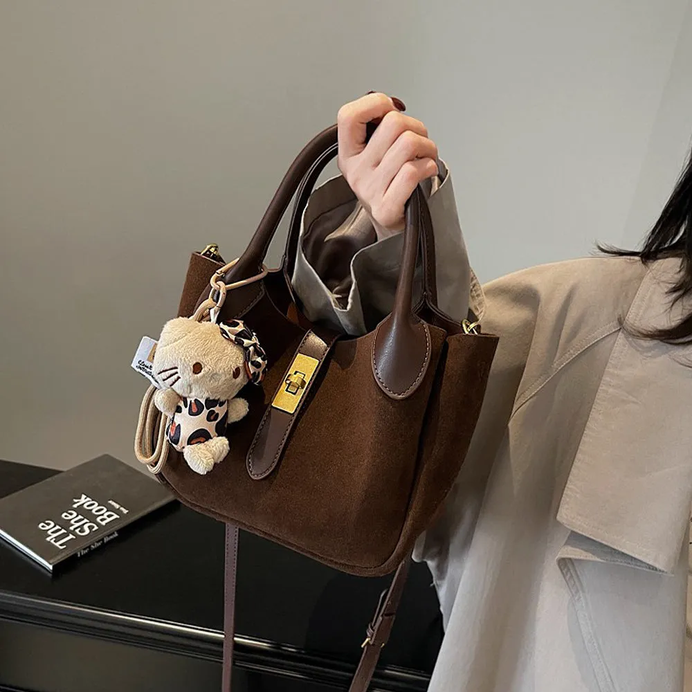 Nicole Crossbody Shoulder Tote Bag With Gold Buckle and Bag Charm in Brown Faux Suede sold by XYlondon product image thumbnail 2