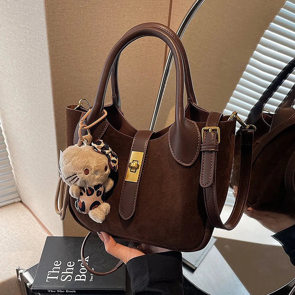 Nicole Crossbody Shoulder Tote Bag With Gold Buckle and Bag Charm in Brown Faux Suede sold by XYlondon product image thumbnail 4