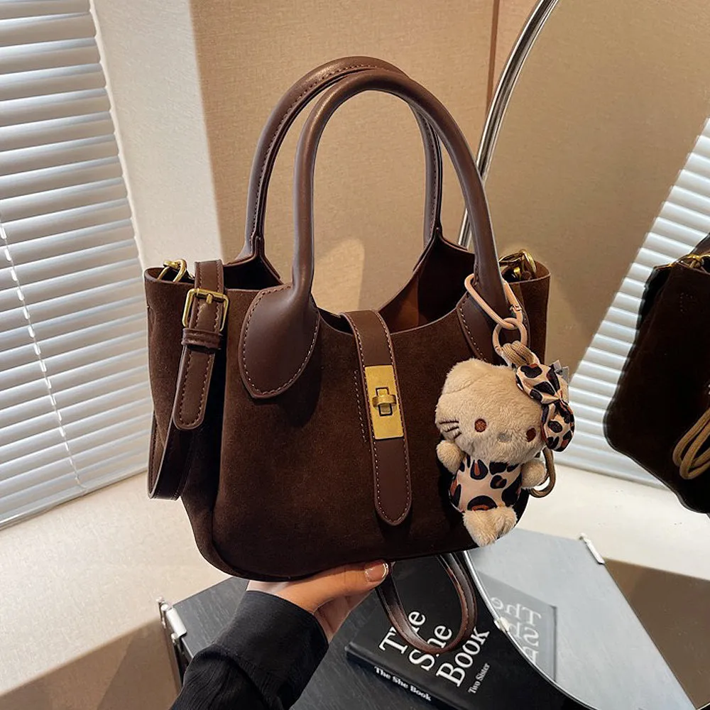 Nicole Crossbody Shoulder Tote Bag With Gold Buckle and Bag Charm in Brown Faux Suede sold by XYlondon product image thumbnail 3