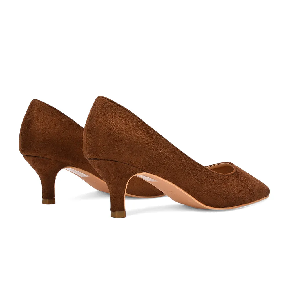 Cali Pointed Toe Court Shoes With a Low Kitten Heel in Brown Faux Suede sold by XYlondon product image thumbnail 5
