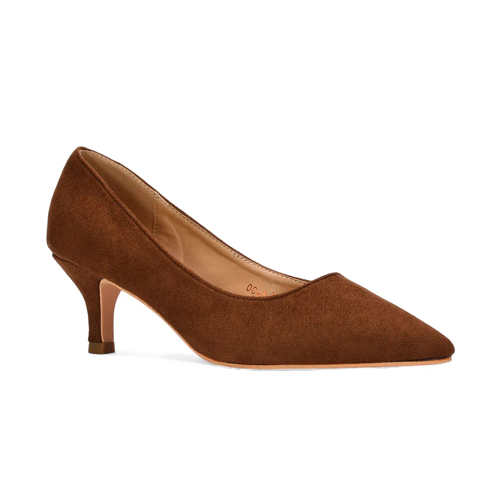 Cali Pointed Toe Court Shoes With a Low Kitten Heel in Brown Faux Suede sold by XYlondon product image thumbnail 4