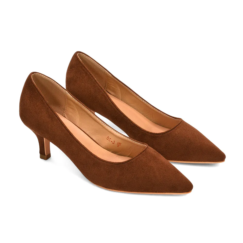 Cali Pointed Toe Court Shoes With a Low Kitten Heel in Brown Faux Suede sold by XYlondon product image thumbnail 2
