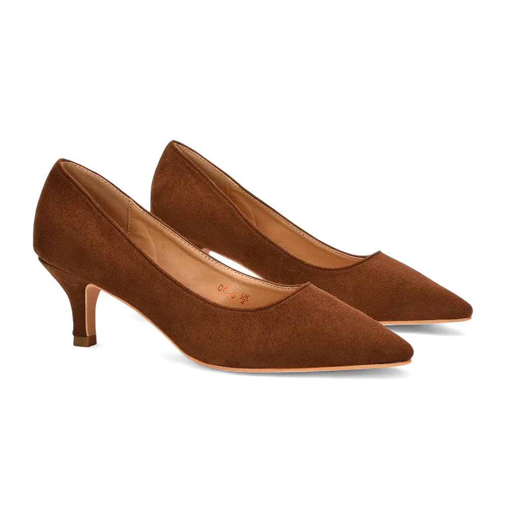 Cali Pointed Toe Court Shoes With a Low Kitten Heel in Brown Faux Suede sold by XYlondon