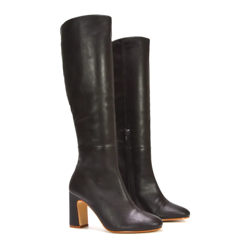Lillia Winter Zip-up Long Block High Heel Knee High Boots in Brown Synthetic Leather sold by XYlondon