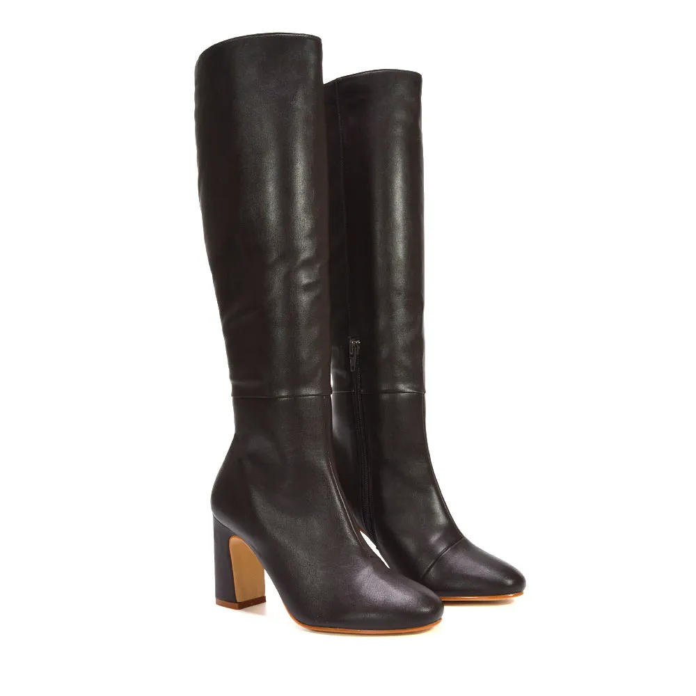 Lillia Winter Zip-up Long Block High Heel Knee High Boots in Brown Synthetic Leather sold by XYlondon product image thumbnail 3