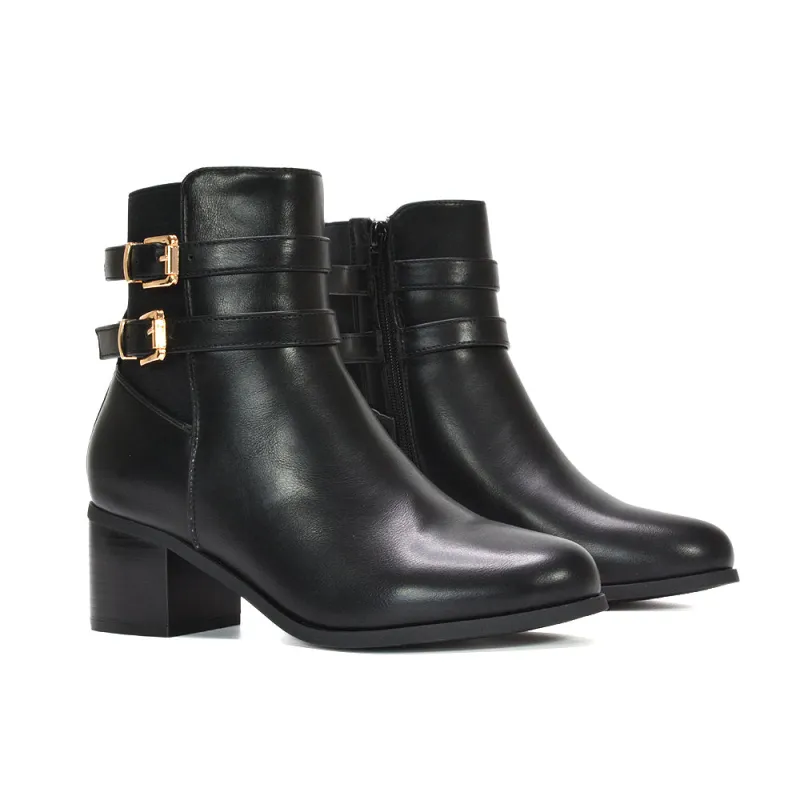Felicity Wide Fit Elasticated Ankle Boots With Low Block Heel in Black Synthetic Leather sold by XYlondon