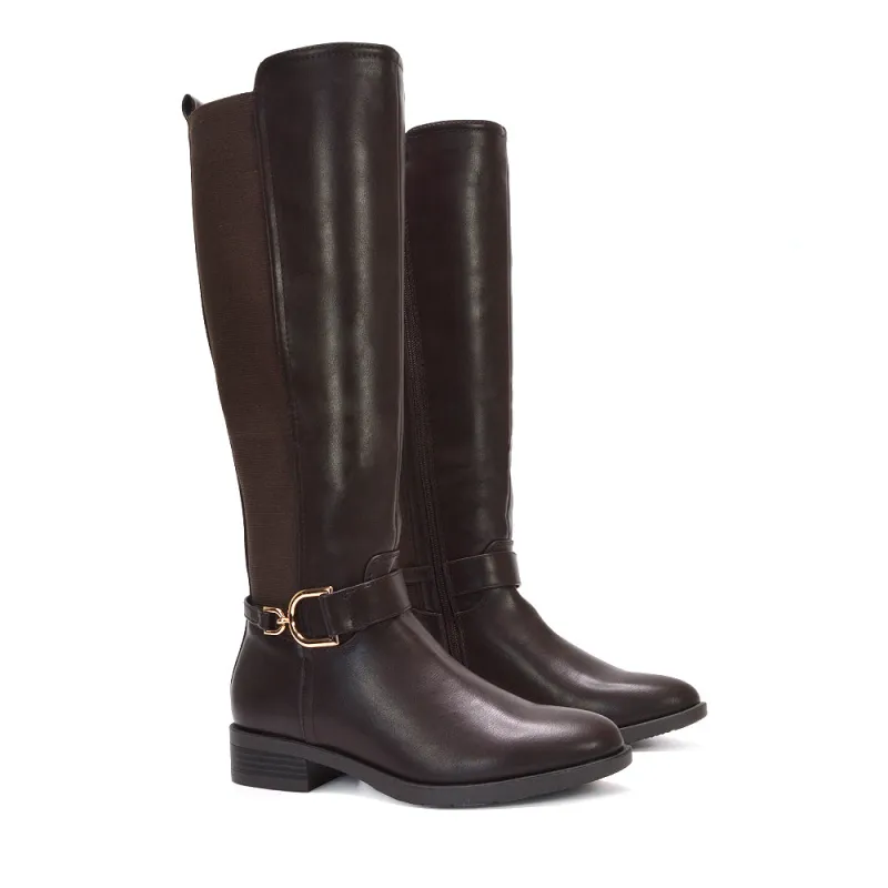 May Knee High Gold Buckle Detail Flat Elasticated Calf Riding Boots in Brown Synthetic Leather sold by XYlondon