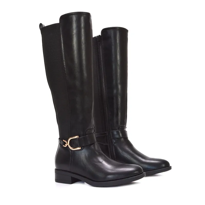 May Knee High Gold Buckle Detail Flat Elasticated Calf Riding Boots in Black Synthetic Leather sold by XYlondon
