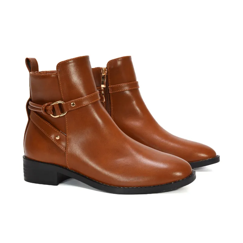 Casey Low Block Heel Zip Up Chelsea Ankle Boots With Gold Buckle in Tan Synthetic Leather sold by XYlondon