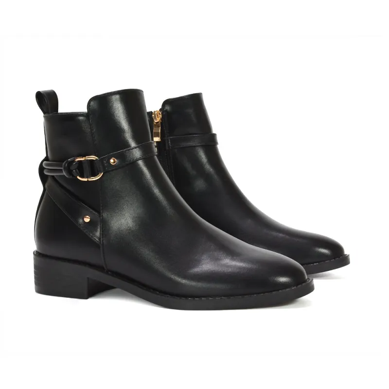 Casey Low Block Heel Zip Up Chelsea Ankle Boots With Gold Buckle in Black Synthetic Leather sold by XYlondon