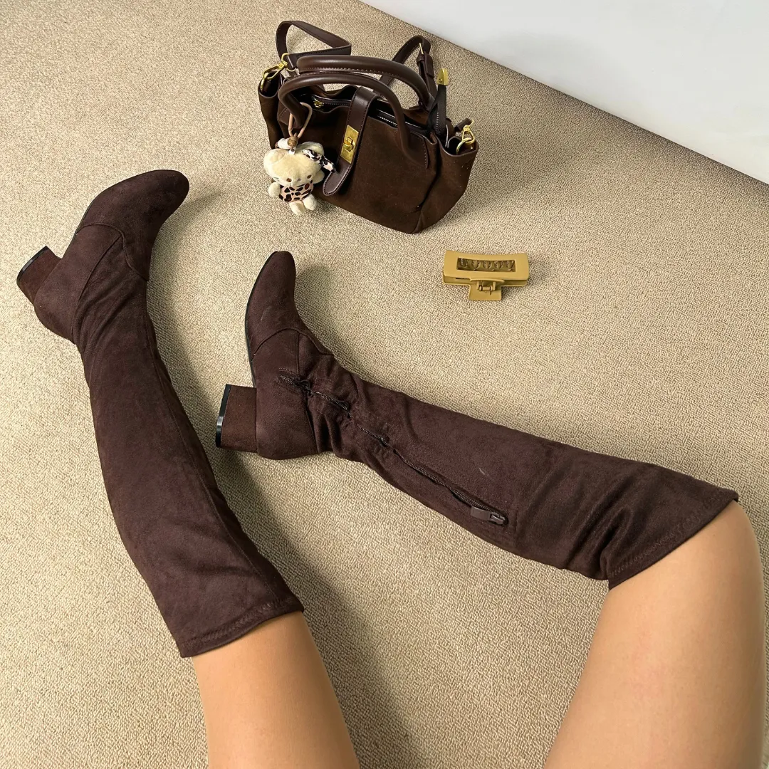 Jules Stretchy Over The Knee Thigh High Low Block Heel Boots in Brown Faux Suede sold by XYlondon product image thumbnail 2