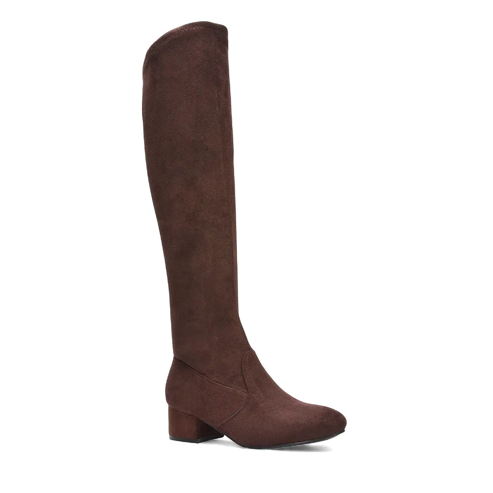 Jules Stretchy Over The Knee Thigh High Low Block Heel Boots in Brown Faux Suede sold by XYlondon product image thumbnail 5