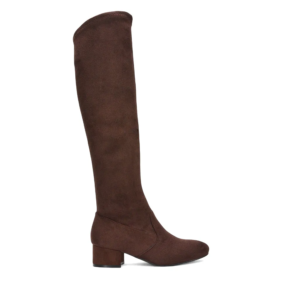 Jules Stretchy Over The Knee Thigh High Low Block Heel Boots in Brown Faux Suede sold by XYlondon product image thumbnail 4