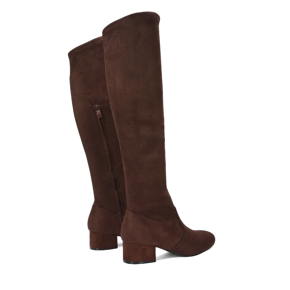 Jules Stretchy Over The Knee Thigh High Low Block Heel Boots in Brown Faux Suede sold by XYlondon product image thumbnail 3