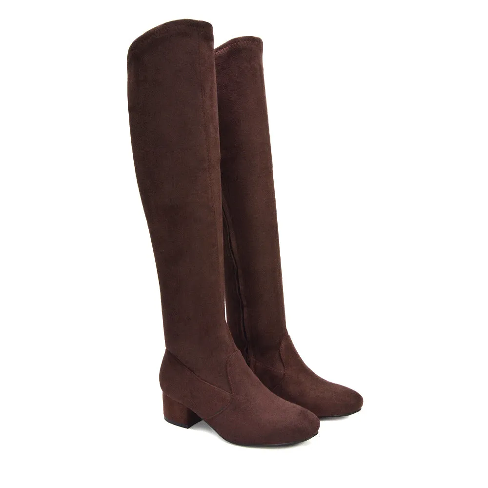 Jules Stretchy Over The Knee Thigh High Low Block Heel Boots in Brown Faux Suede sold by XYlondon
