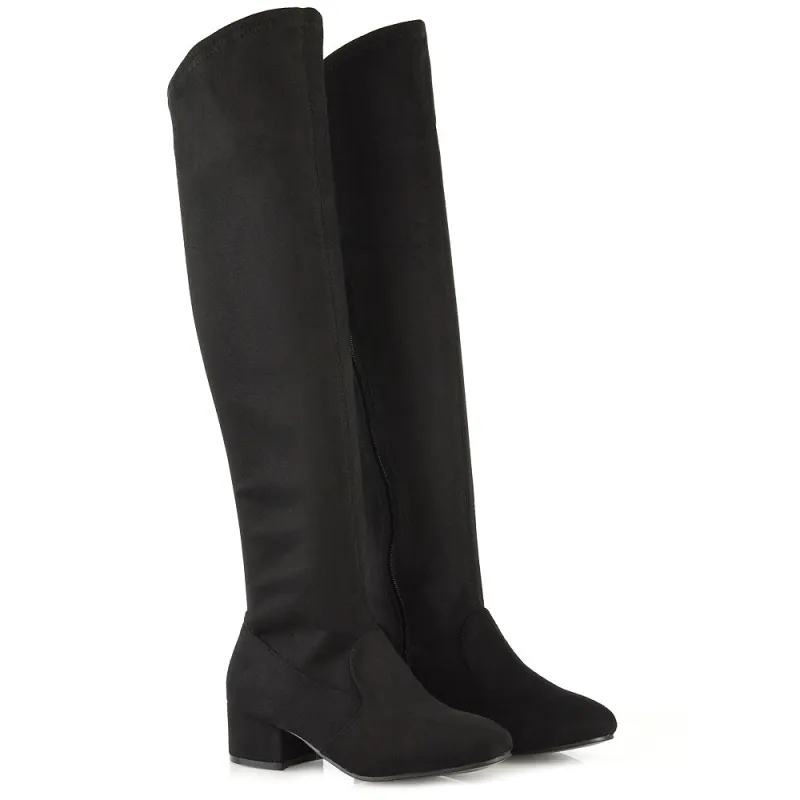 Jules Stretchy Over The Knee Thigh High Low Block Heel Boots in Black Faux Suede sold by XYlondon