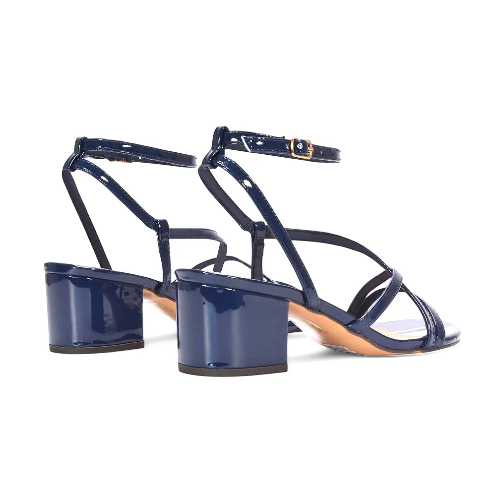 Liza Open Toe Mid Block Heel Strappy Sandals in Navy Patent sold by XYlondon product image thumbnail 4