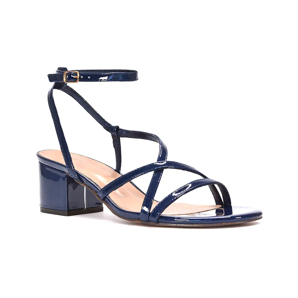Liza Open Toe Mid Block Heel Strappy Sandals in Navy Patent sold by XYlondon product image thumbnail 3