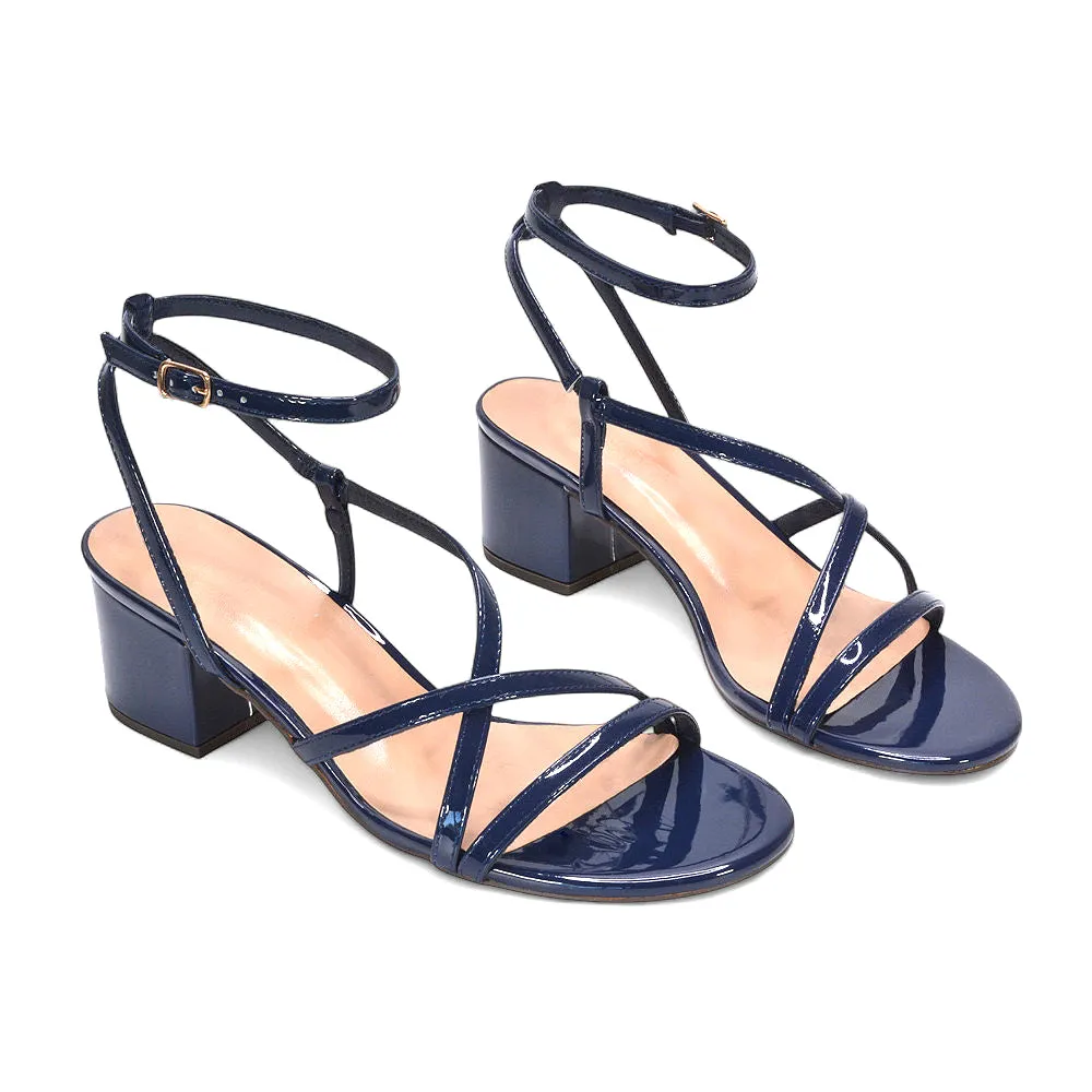 Liza Open Toe Mid Block Heel Strappy Sandals in Navy Patent sold by XYlondon product image thumbnail 5