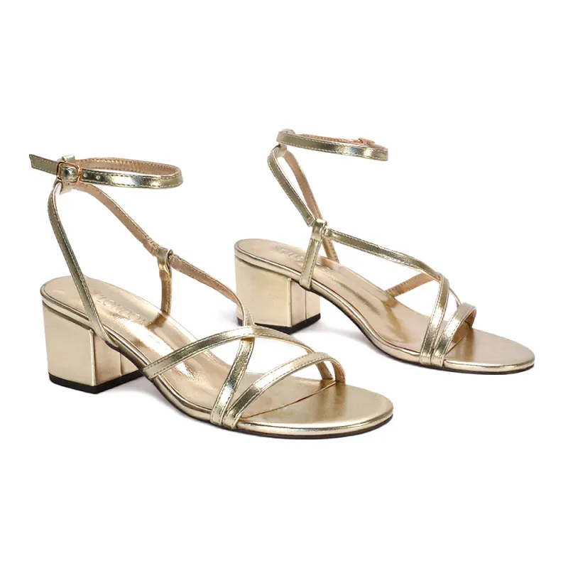 Liza Open Toe Mid Block Heel Strappy Sandals in Gold Metallic sold by XYlondon