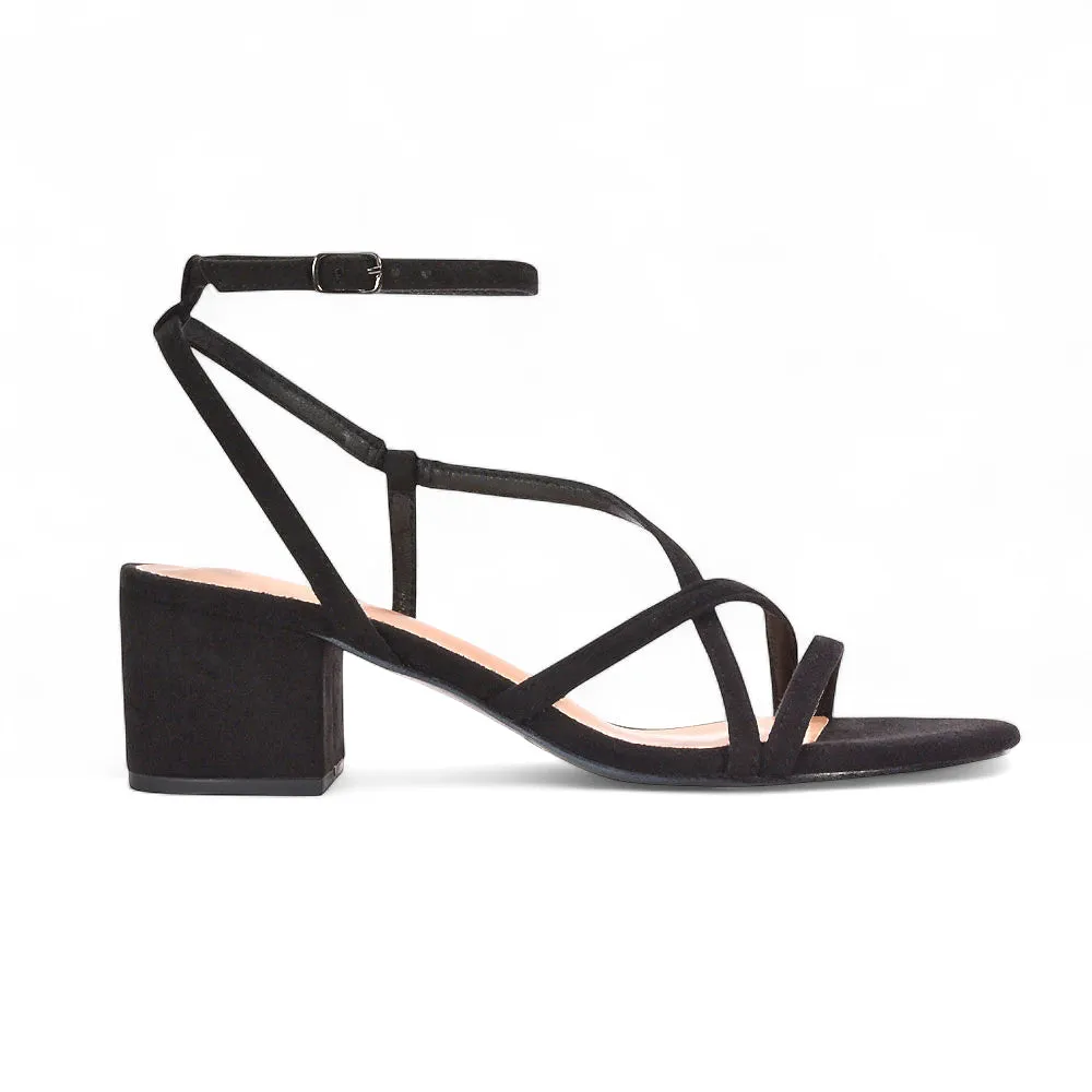Liza Open Toe Mid Block Heel Strappy Sandals in Black Faux Suede sold by XYlondon product image thumbnail 2