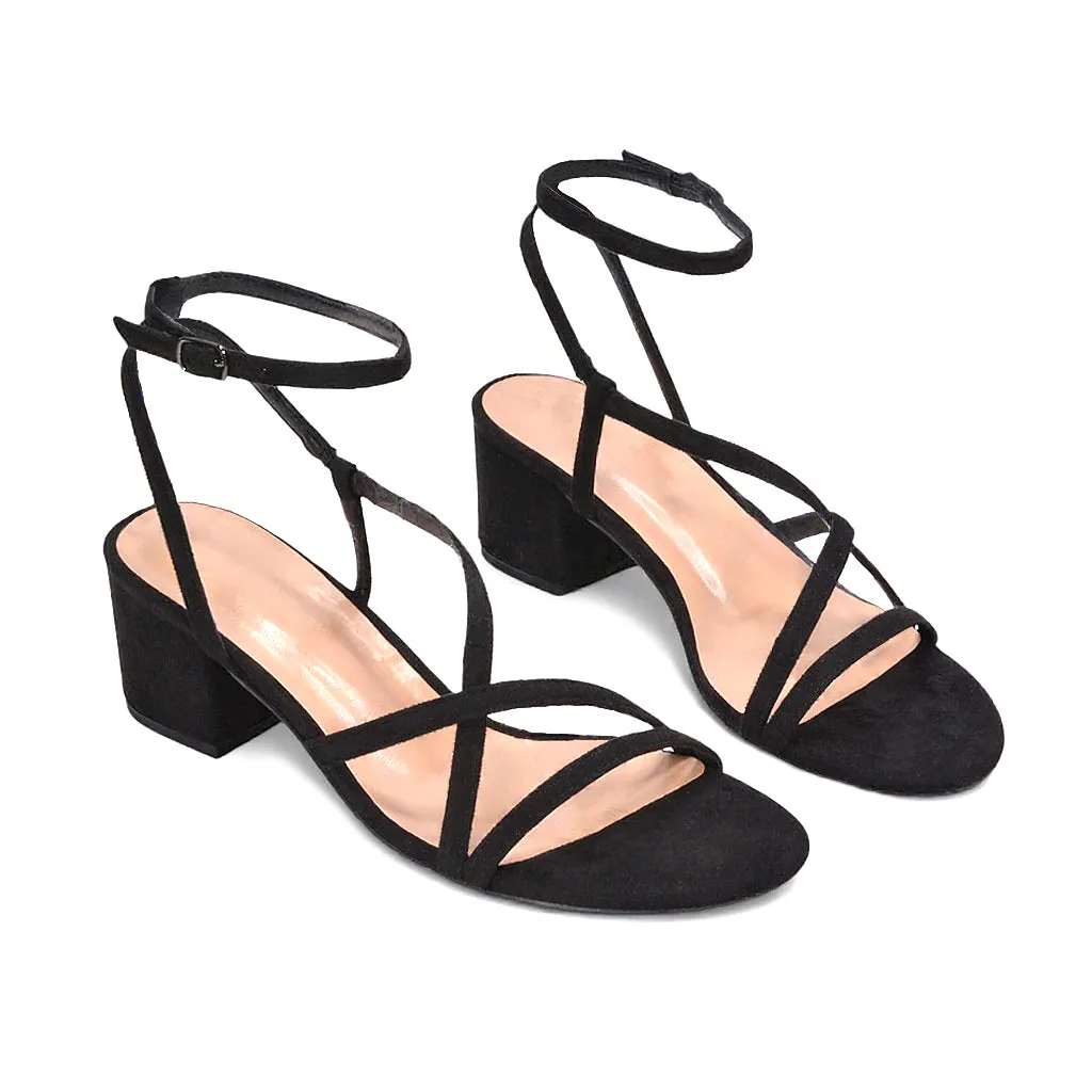 Liza Open Toe Mid Block Heel Strappy Sandals in Black Faux Suede sold by XYlondon product image thumbnail 5
