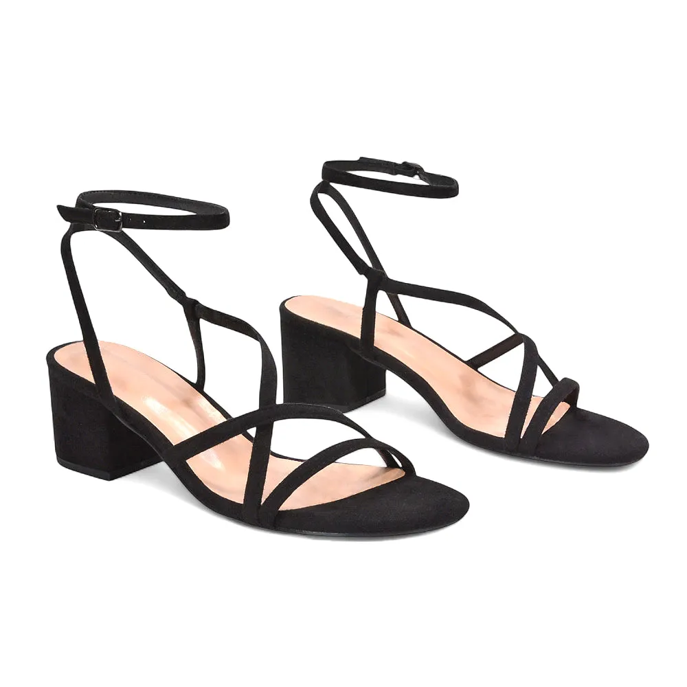 Liza Open Toe Mid Block Heel Strappy Sandals in Black Faux Suede sold by XYlondon