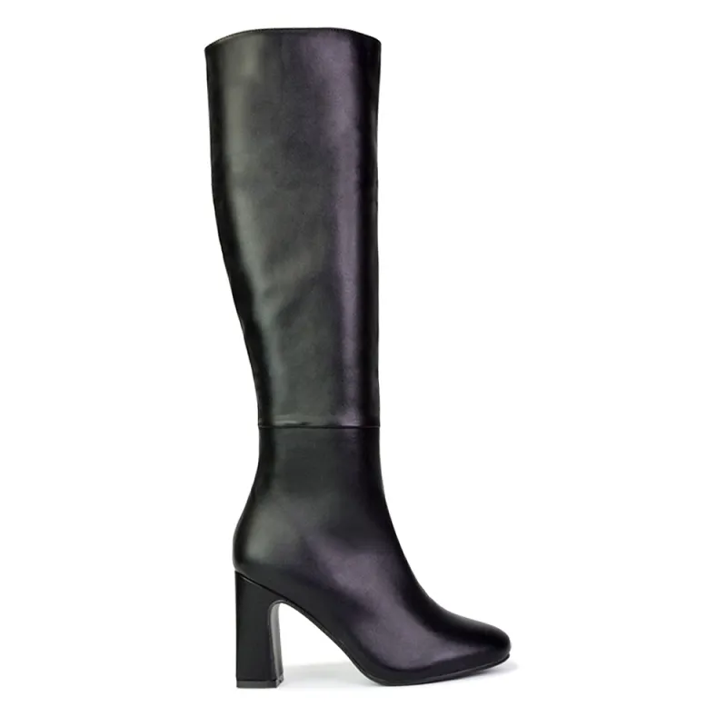 Lillia Winter Zip-up Long Block High Heel Knee High Boots in Black Synthetic Leather sold by XYlondon