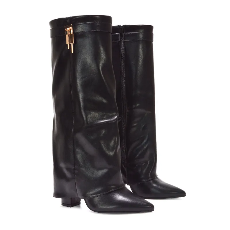 Cara Lock Fold Over Block High Heel Pointed Toe Knee High Boots In Black Synthetic Leather sold by XYlondon