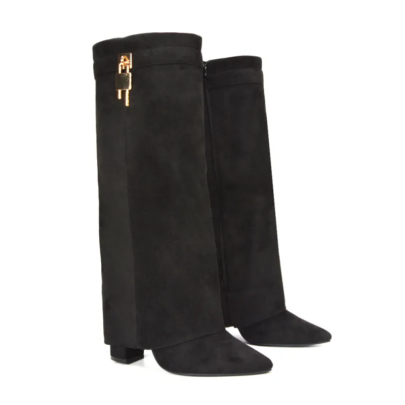 Cara Lock Fold Over Block High Heel Pointed Toe Knee High Boots In Black Faux Suede sold by XYlondon